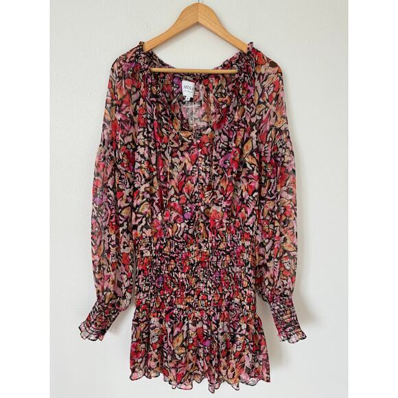 Misa Celina Red Fire Flora Sheer Long Sleeve Smocked Mini Dress NEW Medium - Picture 13 of 14